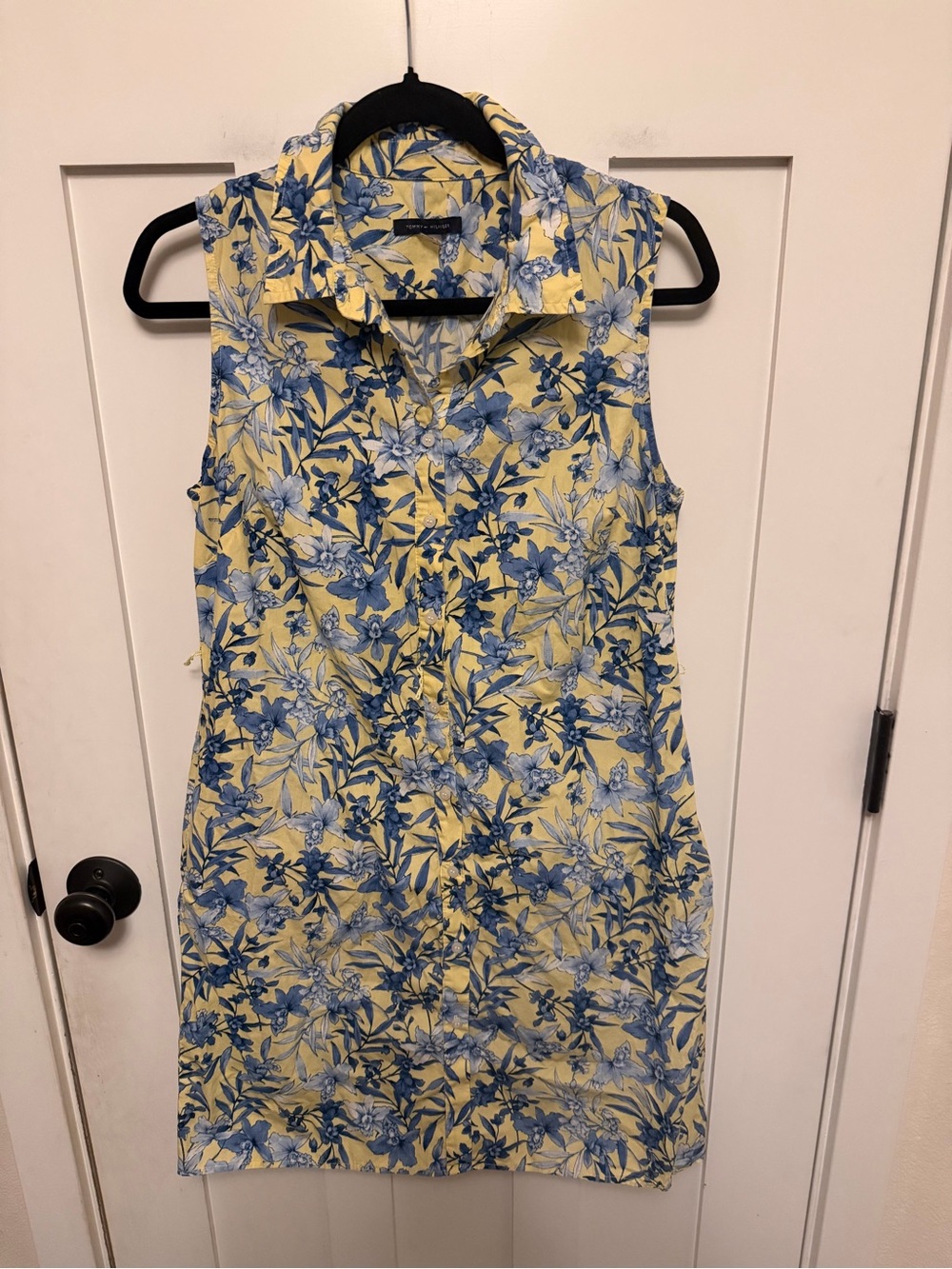 Tommy Hilfiger Sleeveless Collared Button Up Shirtdress Floral Yellow Blue Sz 8